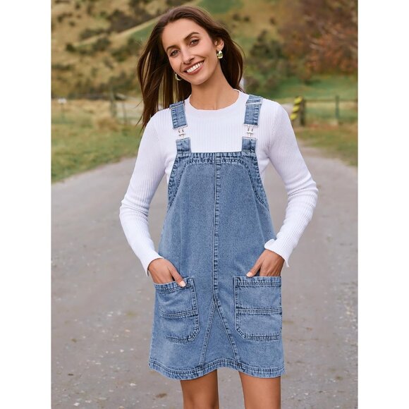 Women's Denim Overalls Light Blue Size M Pockets Adjustable Straps Casual - Picture 8 of 8